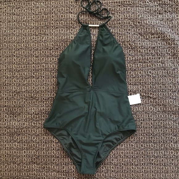 NEW NWT NEW TED BAKER Pikaa Halter One Piece Swimsuit solid army green v neck - Picture 3 of 13